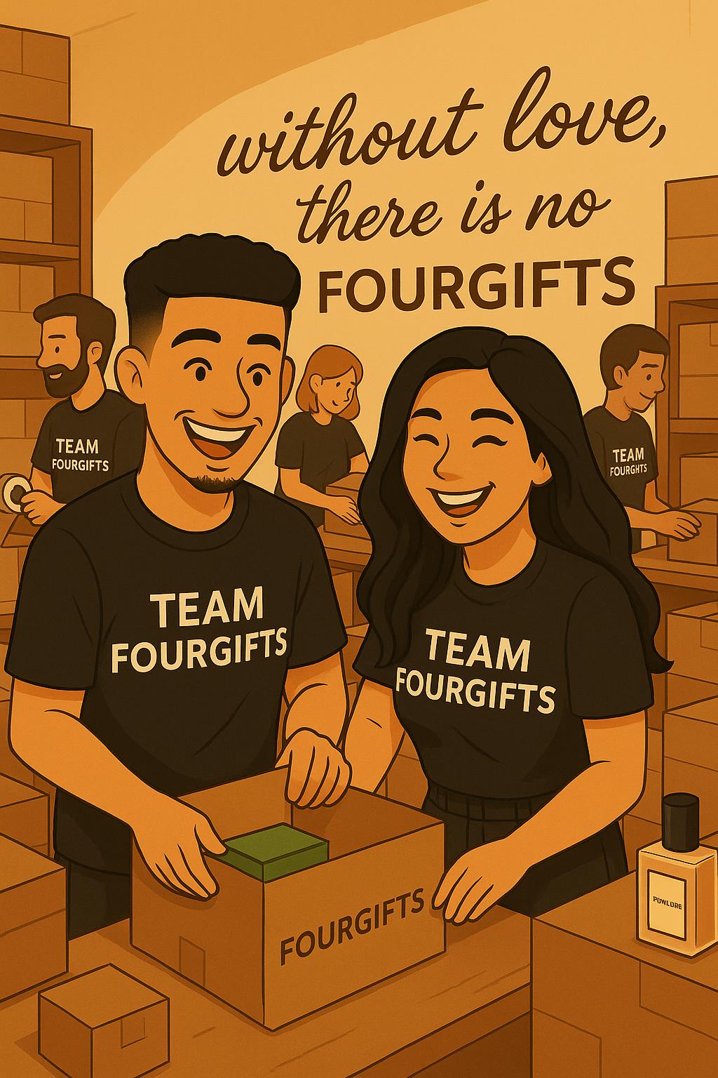 Team FOURGIFTS pakt cadeauboxen in in het atelier