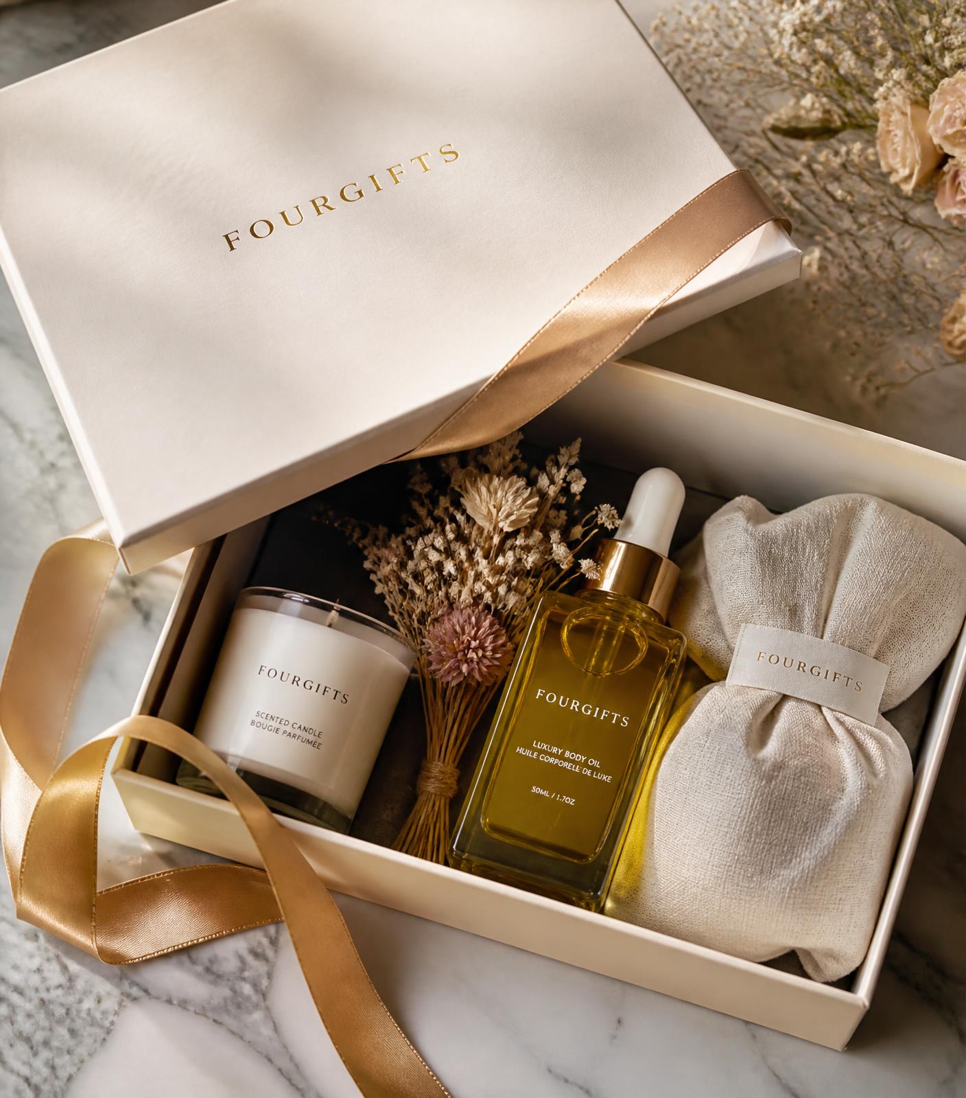 Geopende FOURGIFTS cadeaubox met kaars, droogbloemen en verzorgingsproducten